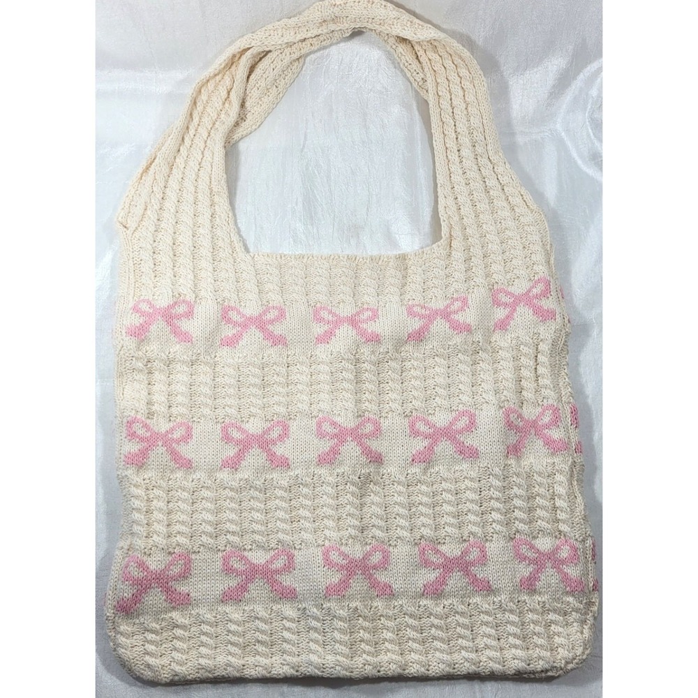 Breast Cancer Awareness Pink Ribbon Crochet Tote Bag - 13"T x 14.5"W
